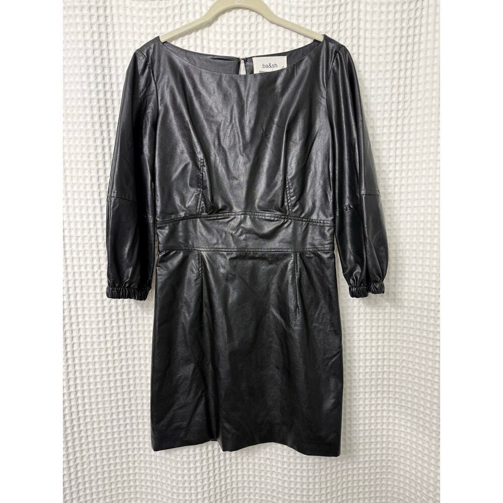 ba&sh Black Robe Sae Faux Leather Balloon Sleeve Mini Dress Sz S - Picture 2 of 8